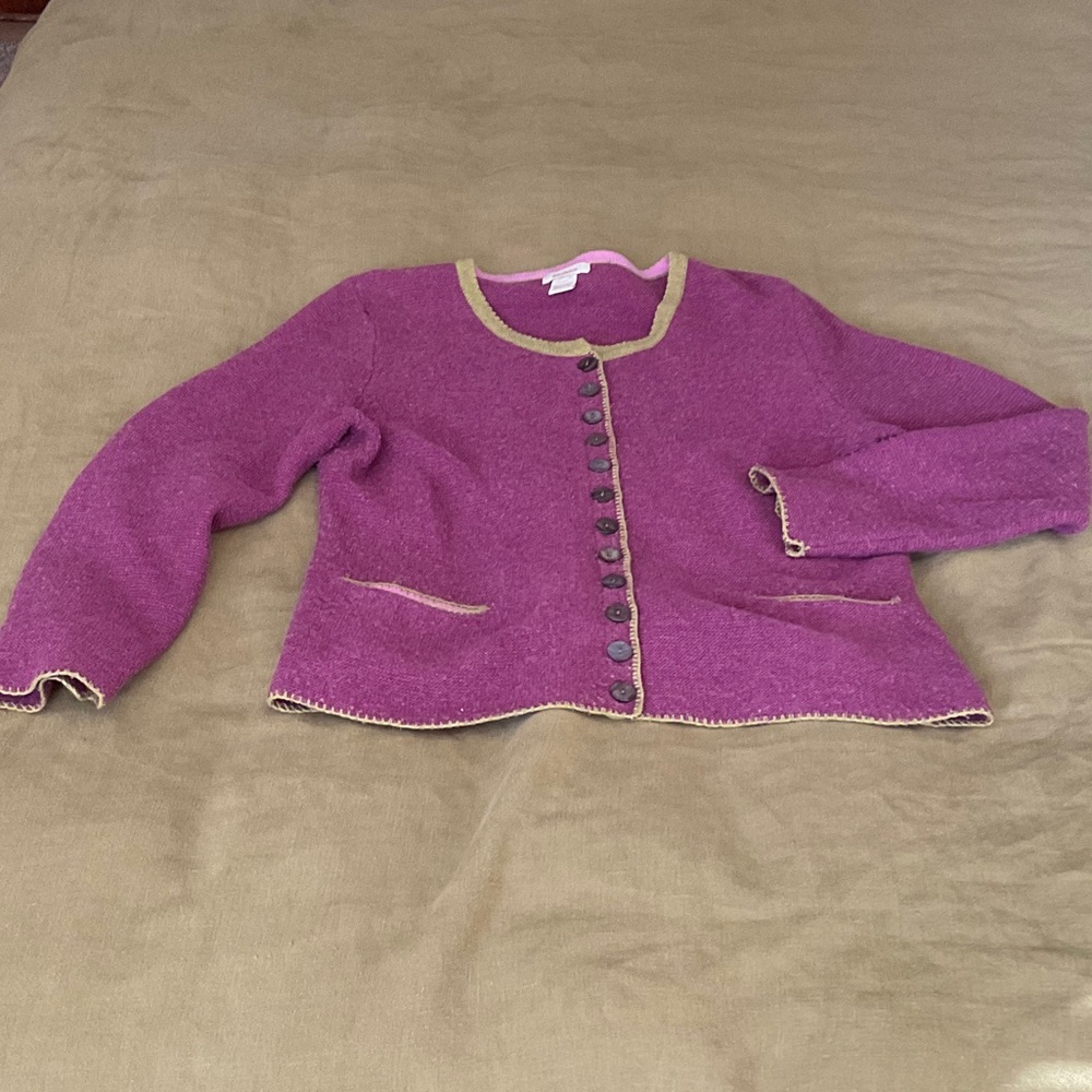 Sundance wool Magenta Cardigan with chartreuse Trim